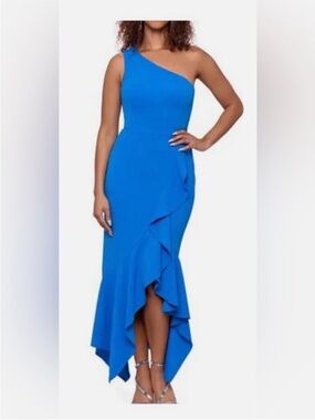 Xscape One-Shoulder Aqua Blue Ruffle Midi Dress